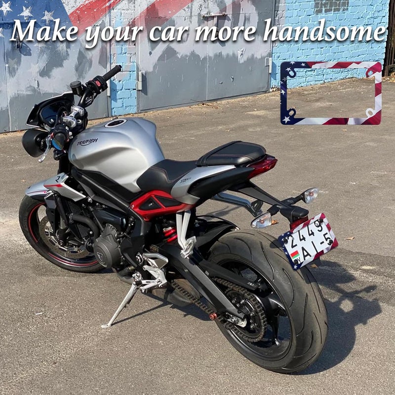 LIN KANG Motorcycle American Flag License Plate Frame - 4 Holes Stainless Steel Matte Stripe US Flag Gloss Patriotic License Plate Frame Holder Covers for Motorcycle - Image 5